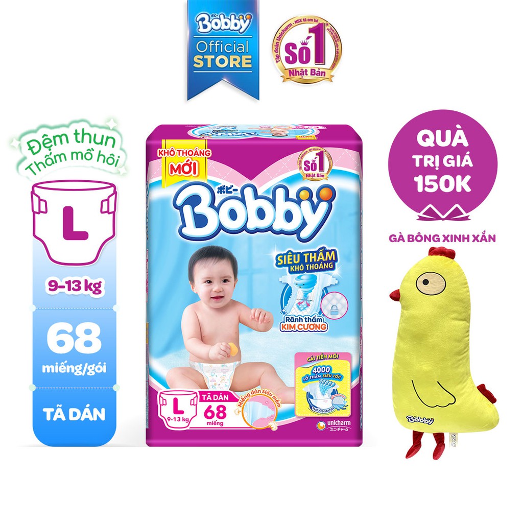 Tã Dán Bobby Êm Mềm Khô Thoáng M76/L68/XL62/XXL56