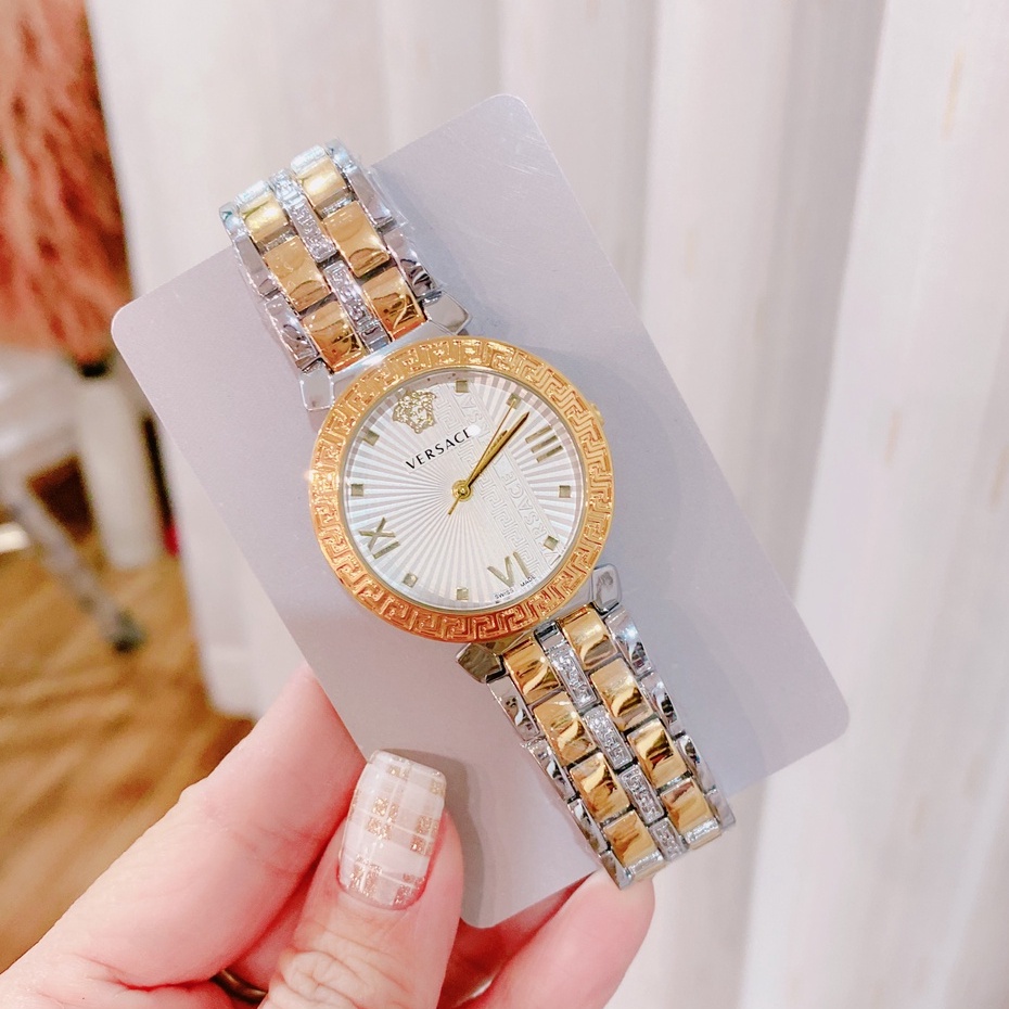đồng hồ nữ đeo tay VERSACE dây kim loại mạ vàng mặt tròn đính đá thời trang cao cấp chống nước chống xước