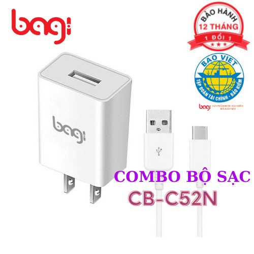 Combo củ sạc Bagi 5V-2A dây Type-C dài 1.2m CB-C52n - Bảo hành chính hãng 12 tháng