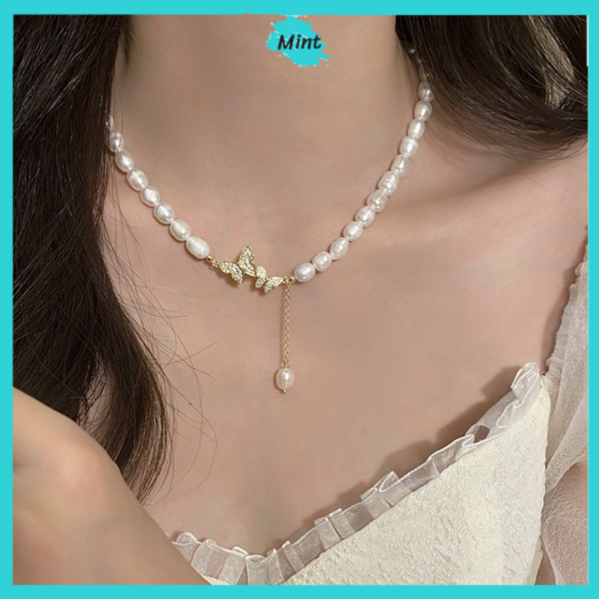 Dây Chuyền Nữ ❤️FREESHIP❤️ Vòng Cổ Chuỗi Ngọc Nhân Tạo Hình Bướm Đính Đá Bất Đối Xứng Kiểu Choker Sang Chảnh