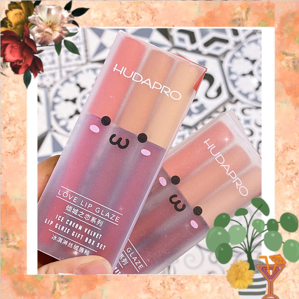 Set Son Kem 3 Cây HUDA PRO LOVE LIP GLAZE Mềm Mịn Auth Nội Địa