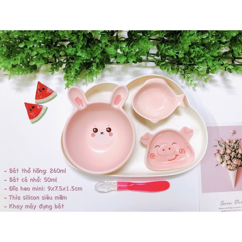 (Tặng yếm máng) Set ăn dặm gồm 3 bát gốm sứ + 1 thìa + 1 khay đựng siêu tiết kiệm cho bé