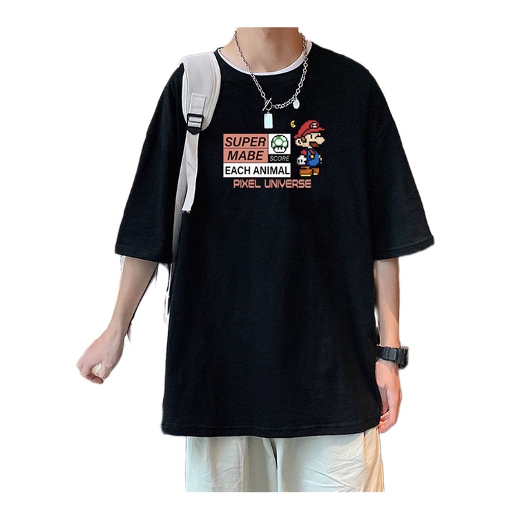 Áo thun Puruilong ngắn tay cổ tròn dáng rộng in hình hoạt hình Super Mario cho nam