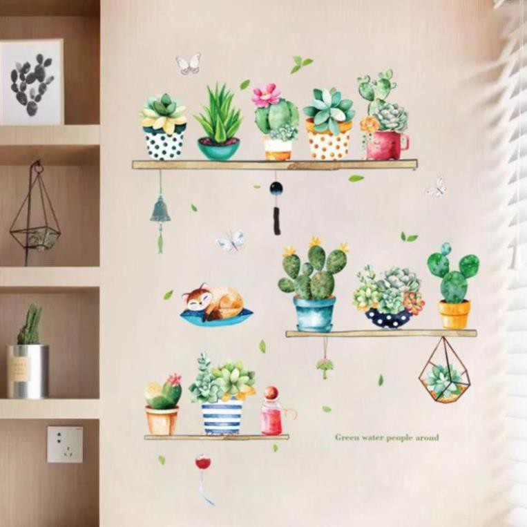 Decal decor tranh dán tưởng xinh mẫu kệ hoa quả chú mèo