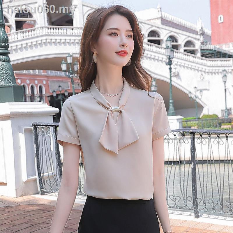 Áo Sơ Mi Chiffon Tay Ngắn Cổ Thắt Nơ Dáng Rộng Thời Trang Mùa Hè Phong Cách Phương Tây Cho Nữ