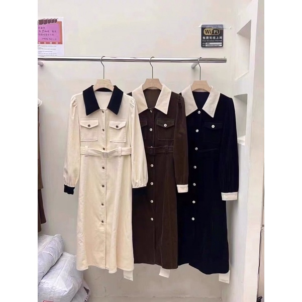 VÁY NHUNG TĂM CỔ PHA KÈM ĐAI