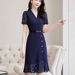 Đầm váy nữ trung niên dự tiệc sang trọng đỏ xanh kèm thắt lưng quý phái