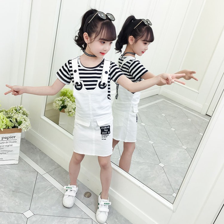 Set Áo Thun Tay Ngắn Chất Liệu Cotton Cao Cấp + Đầm Yếm Xinh Xắn Thời Trang Cho Bé Gái