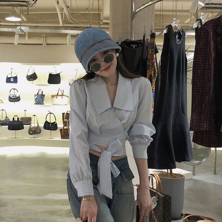 Honypove Áo Sơ Mi Ngắn Kẻ Sọc Phong Cách Retro Hàn Quốc Cho Nữ