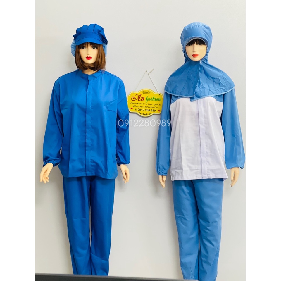 Đồng phục ngành thực phẩm, thủy sản vải kaki màu xanh dài tay _ Hình chụp thật