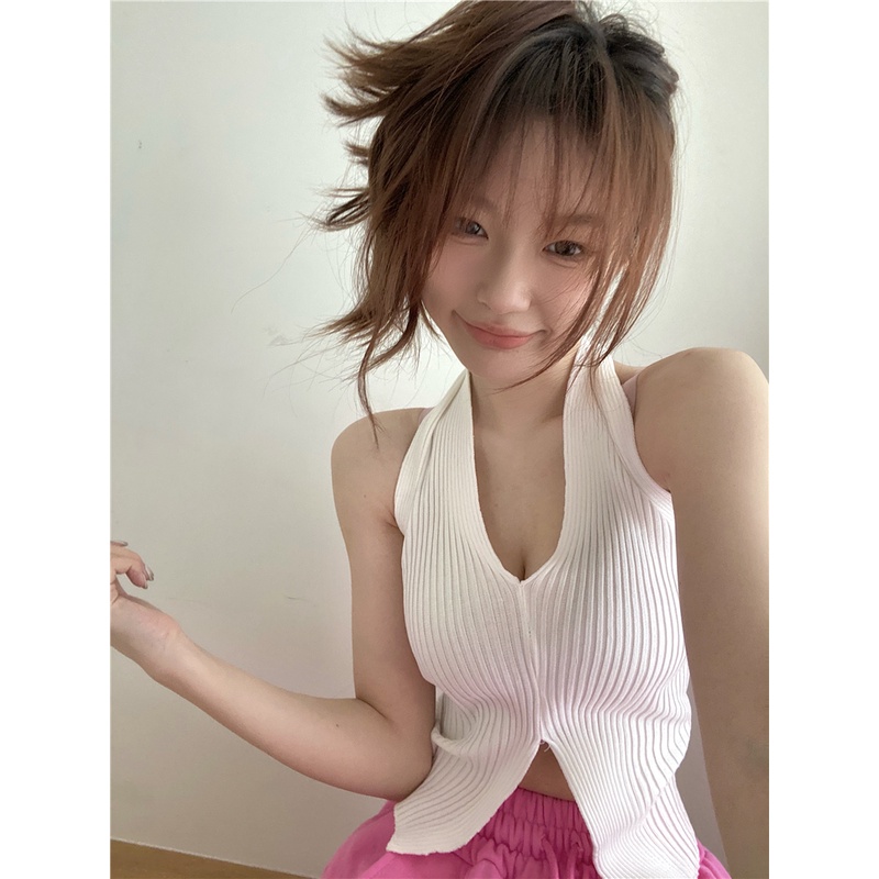 Áo Dệt Kim Cổ Yếm Dáng Ngắn Thời Trang Hàn Quốc Quyến Rũ Cho Nữ