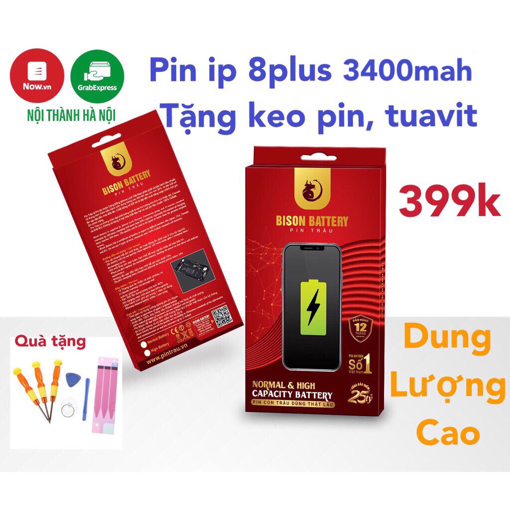 Pin iPhone 8 Plus dung lượng cao 3400mah chính hãng Bison- BH 12 tháng