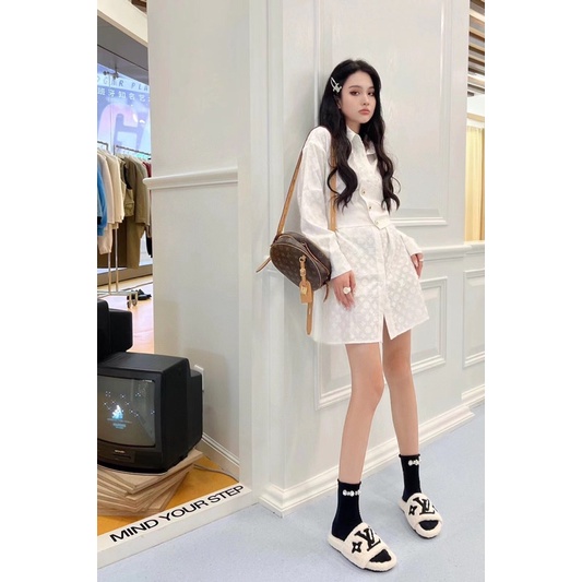 Váy sơ mi dài tay thiết kế mới đai thắt eo bản to có thể tháo rời Louis Vuitton LV cao cấp