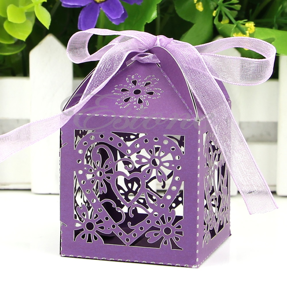 Bộ 50 / 100 Hộp Đựng Kẹo Cắt Trái Tim Có Ruy Băng Trang Trí Tiệc Cưới