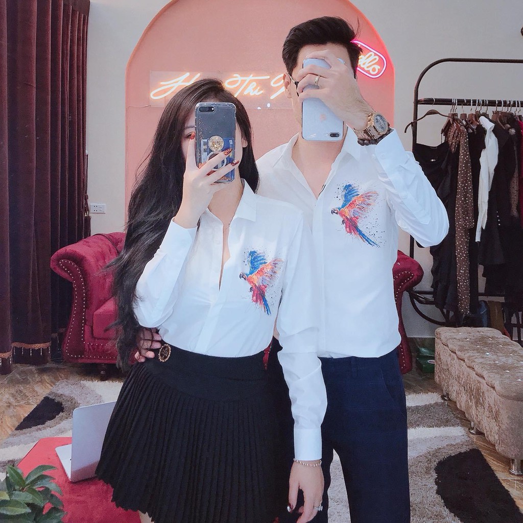 ÁO SƠ MI NAM, ÁO CẶP ĐÔI NAM NỮ DÀI TAY TRẮNG KATE LỤA IN HÌNH ĐẠI BÀNG FORM BODY HÀN QUỐC MẪU MỚI | BigBuy360 - bigbuy360.vn
