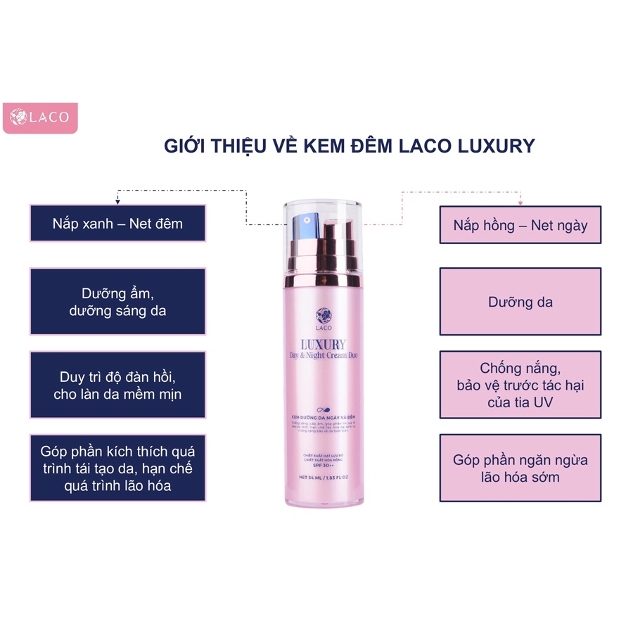 Combo Kem Laco Luxury Day & Night Cream Duo 54ml dưỡng ẩm, làm sáng da + 12pcs bông nở rửa mặt