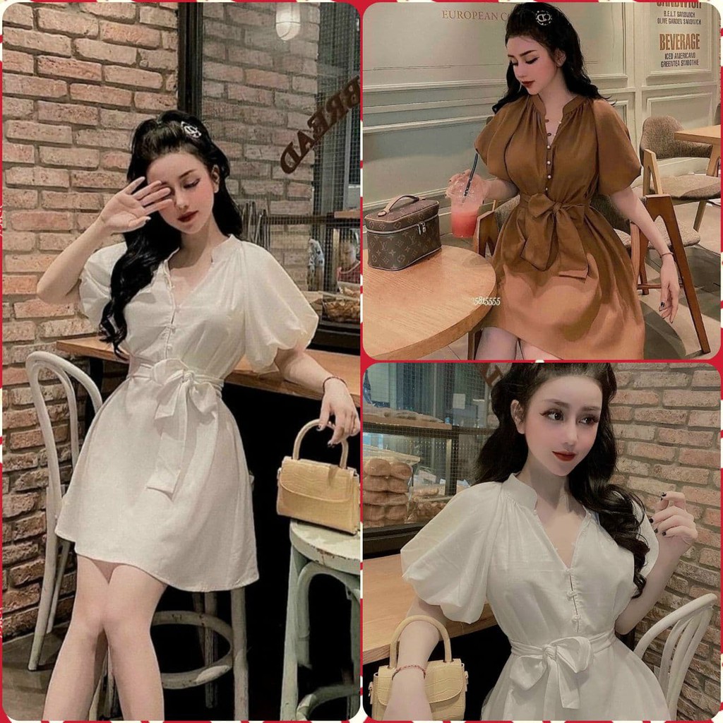 Đầm chữ A xòe phối dây mặc 2 kiểu, ĐẦM SUÔNG NÚT CƯỜM