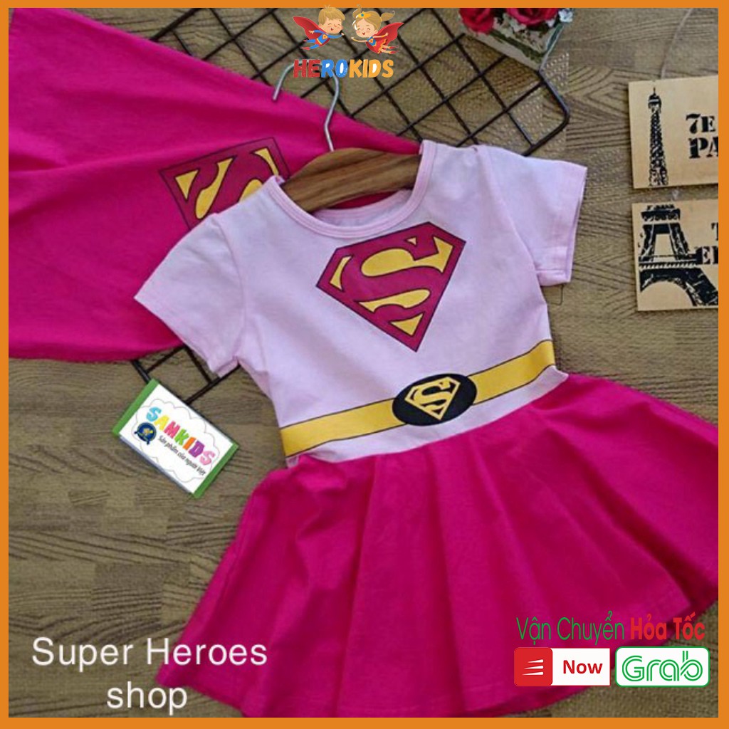 Váy bé gái siêu nhân cotton 100% co giãn 4 chiều thấm mồ hôi siêu tốt (tặng áo choàng) Herokids SUPERGIRL02