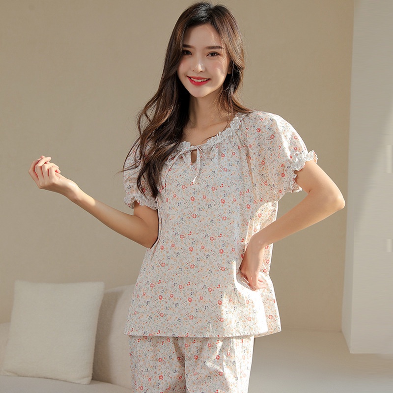 Bộ Đồ Ngủ Tay Ngắn Hai Lớp Bằng Vải Cotton Họa Tiết Hoa Thời Trang Mùa Hè Mới Dành Cho Bạn Nữ