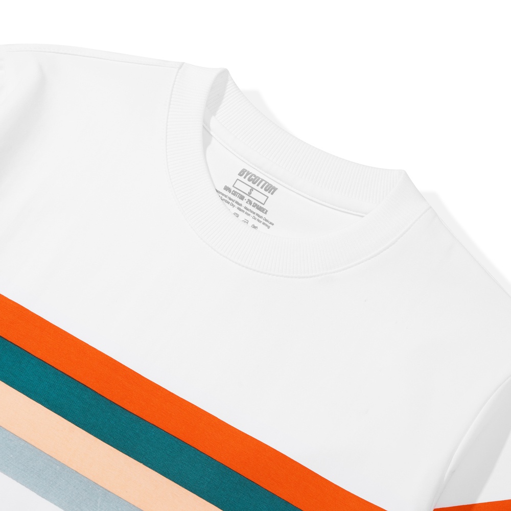 Áo Thun Ngắn Tay Cổ Tròn Trắng Phối Sọc 4 Màu BY COTTON Four Color Stripes Tee