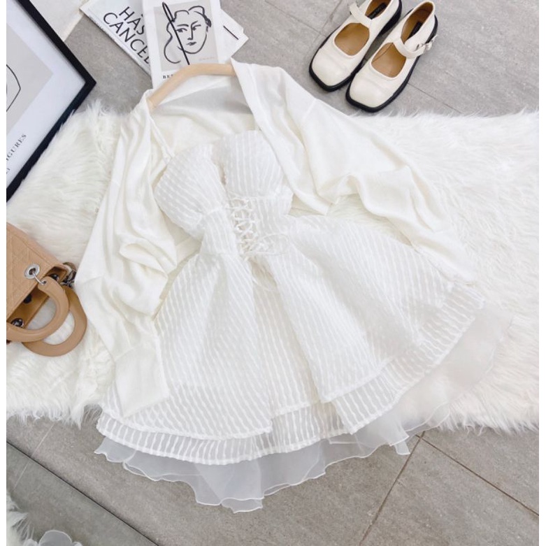 Set Đầm 2 Dây Trắng Váy Xòe Đan Ngực Phối Voan Tầng + Áo Khoác Croptop Tay Dài