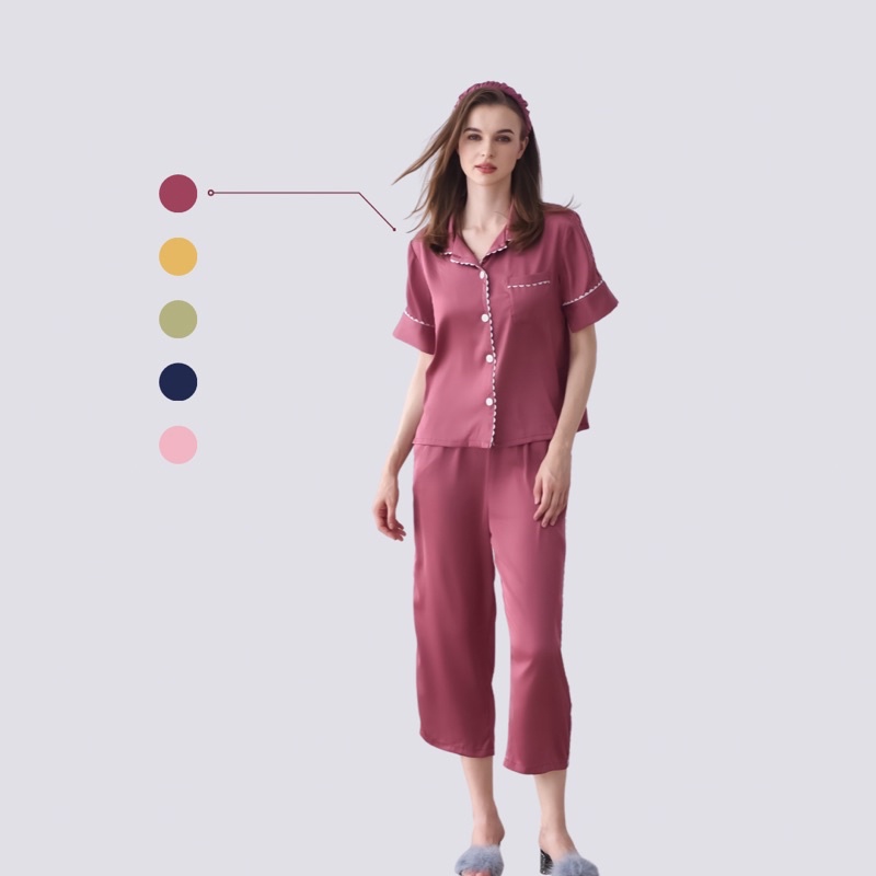 Bộ Đồ Pyjama Nữ LILAS BLANC Lụa Mịn Cao Cấp Tay Cộc Quần Dài Phối Viền Dễ Thương
