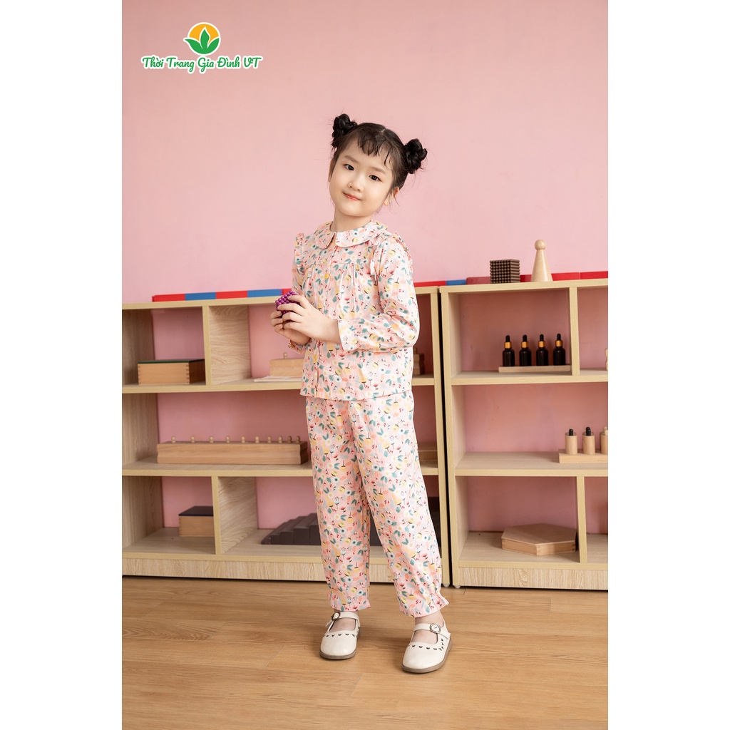 Bộ cotton mặc nhà quần dài, áo dài cổ sen bé gái B70.2105 - Thời Trang Gia Đình VT