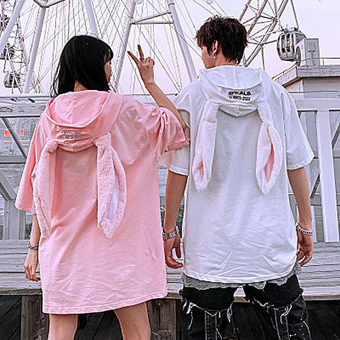 Áo Hoodie Ngắn Tay Có Nón Tai Thỏ - 2021 Summer National Tide Cute Couple Top T-shirt ins Rabbit Ears Hooded Print Letters Loose Men and Women Short Sleeve