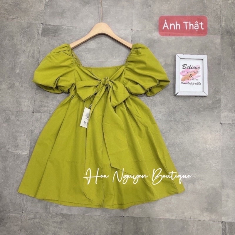 VÁY BABYDOLL XANH NÕN CHUỐI NƠ SAU TAY BỒNG SIÊU XINH