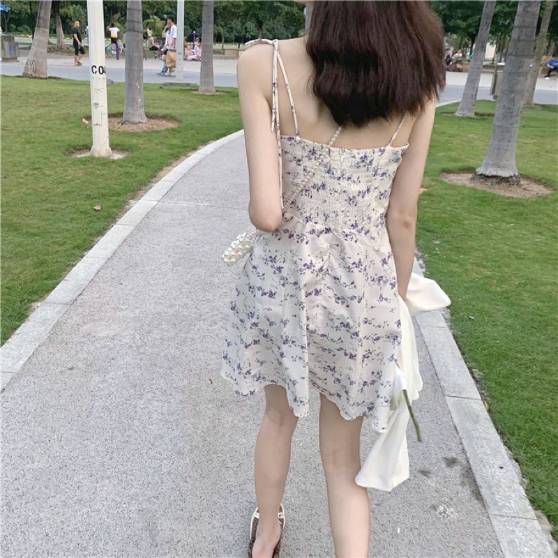 Set váy dây trắng hoa nhí tím áo khoác croptop ullzang