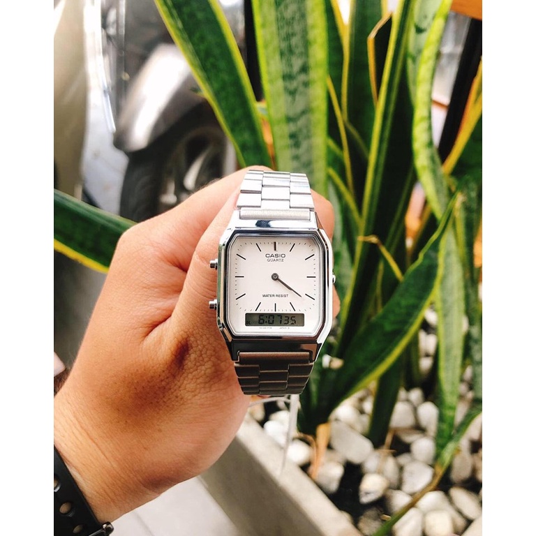 Đồng hồ Unisex Casio AQ-230A-7DMQ, đồng hồ chính hãng, silver gạch, mặt trắng