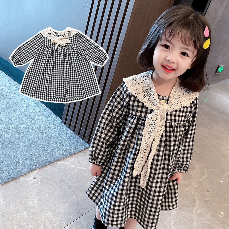 Đầm công chúa tay dài cổ tròn phối ren họa tiết sọc caro dễ thương thời trang mùa xuân cho bé gái 9 tháng-5 tuổi 2022