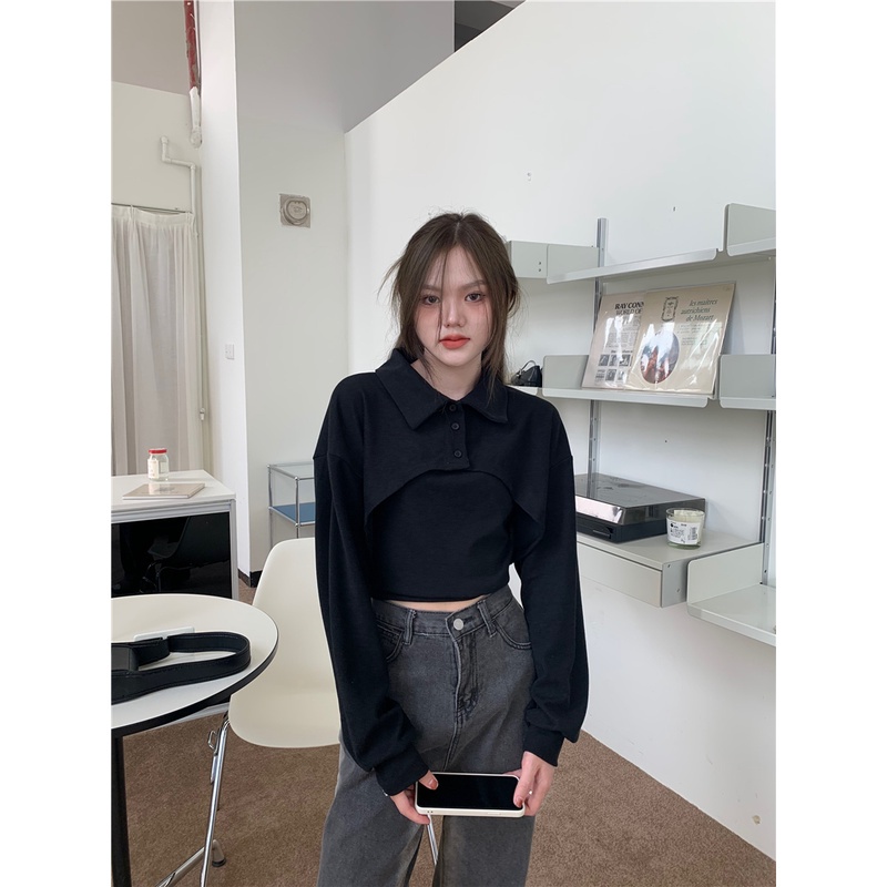 Porozi  Set áo kiểu hai dây và áo polo tay dài cổ bẻ độc đáo thời trang dành cho nữ