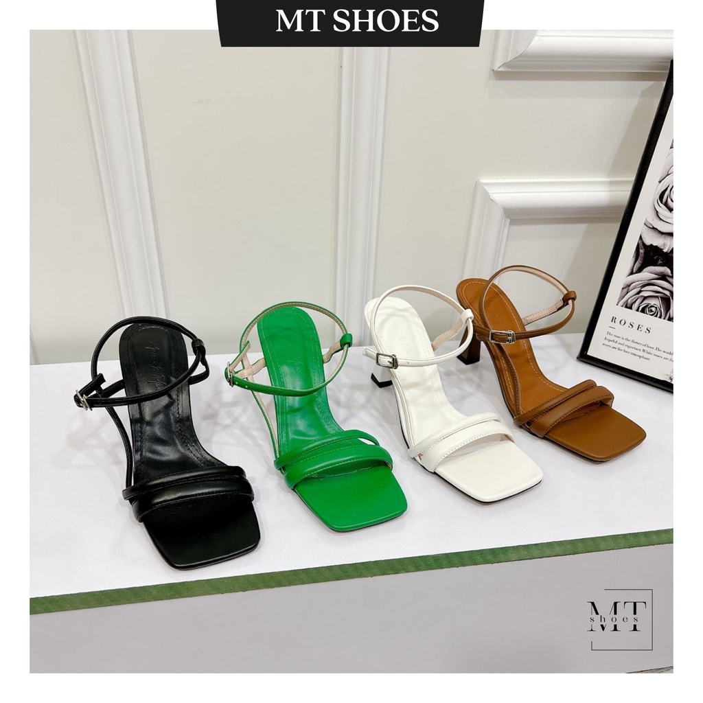 Giày Sandal nữ quai ngang gót ly khóa cài cao 7cm chất da xi mềm siêu đẹp phong cách Hàn Quốc