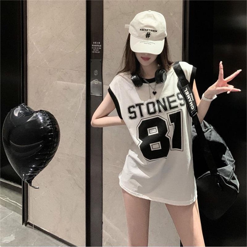 Áo ba lỗ ZHELIHANGFEI thể thao dáng rộng in họa tiết chữ số thời trang dễ phối đồ dành cho nữ