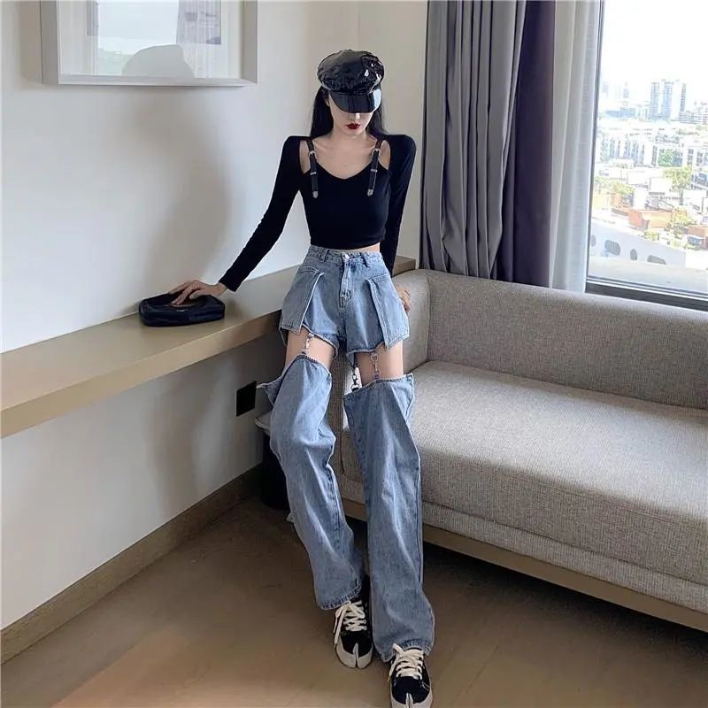 Quần Jean Dài Mỏng Lưng Cao Ống Rộng Thời Trang Xuân Thu Mới Cho Nữ