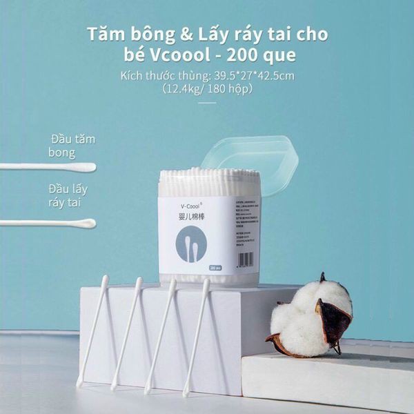 Tăm Bông Thân Giấy Vcoool Đa Năng Cho Bé Hộp 200 Chiếc