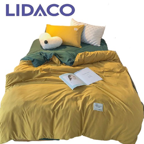 Chăn Ga Cotton Tici LIDACO - Vàng Ga Xanh Rêu
