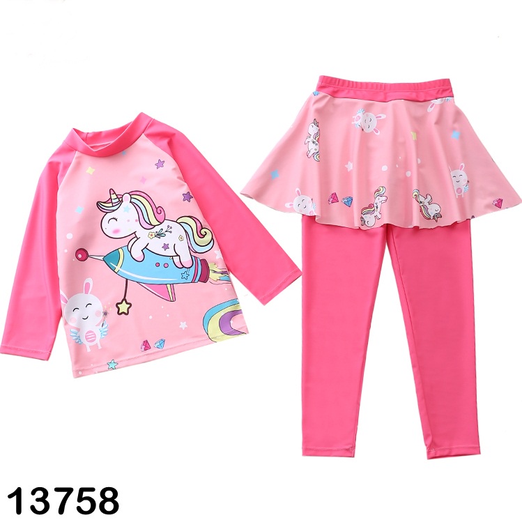 Bộ bơi Bigbaby, bộ bơi tay dài quần dài/ bộ liền váy kèm nón cho bé gái họa tiết pony siêu đáng yêu cho bé 17-42KG