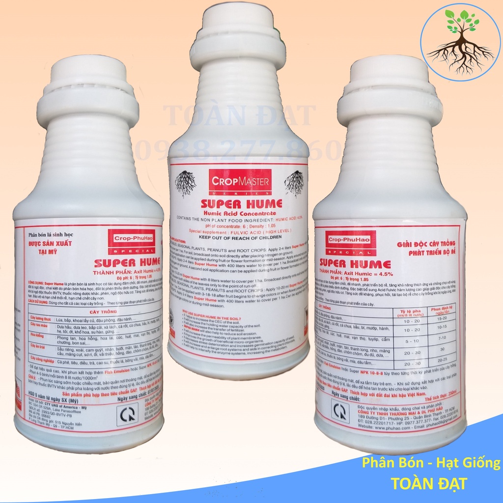 Phân Bón Axit Humic Mỹ SUPER HUME (250ml), Acid Humic Sinh Học - ra rễ mạnh, tăng trưởng nhanh