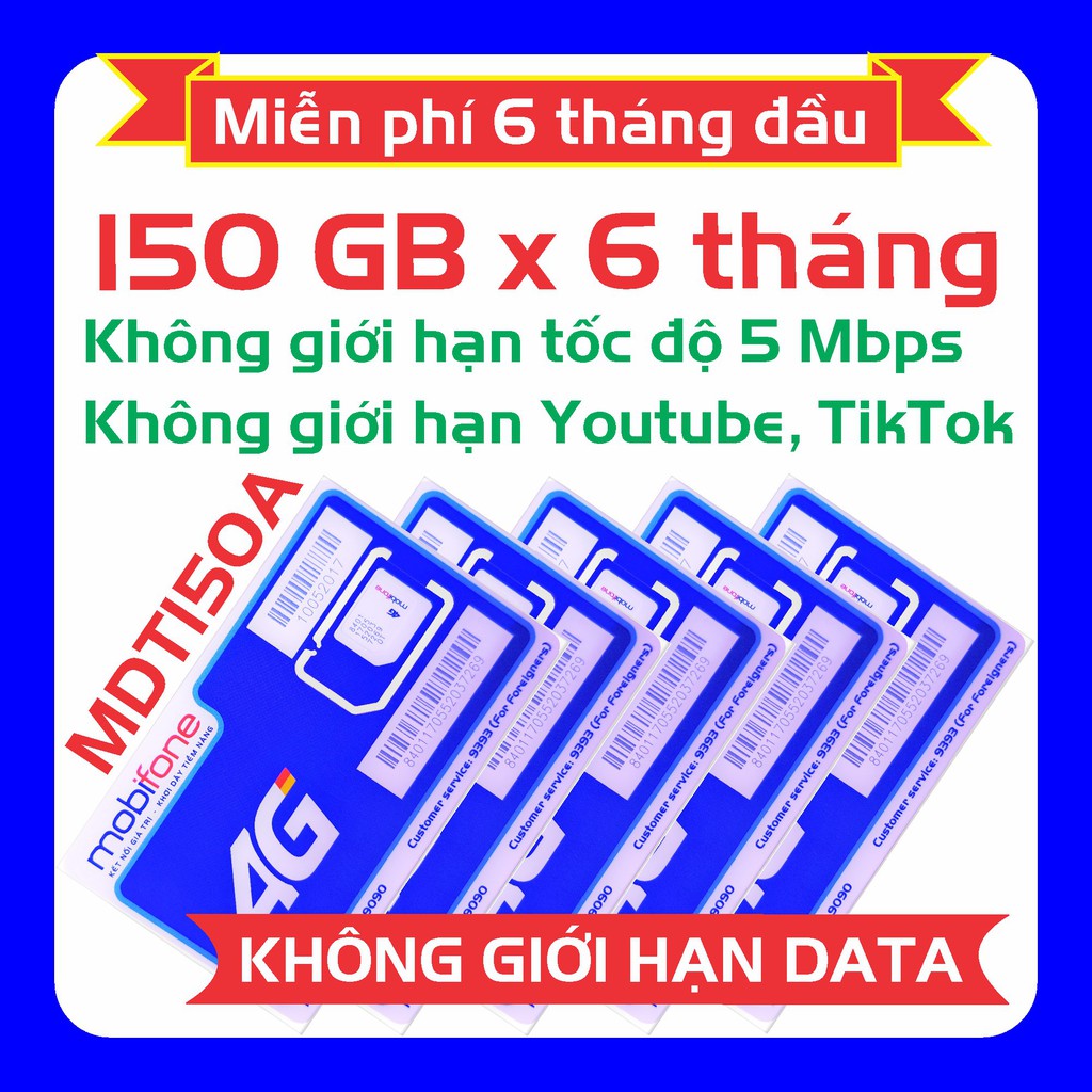 [MaxData 12 tháng] SIM 4G MOBIFONE 150 GB/THÁNG gói MDT150A và không giới hạn tốc độ 5 Mbps