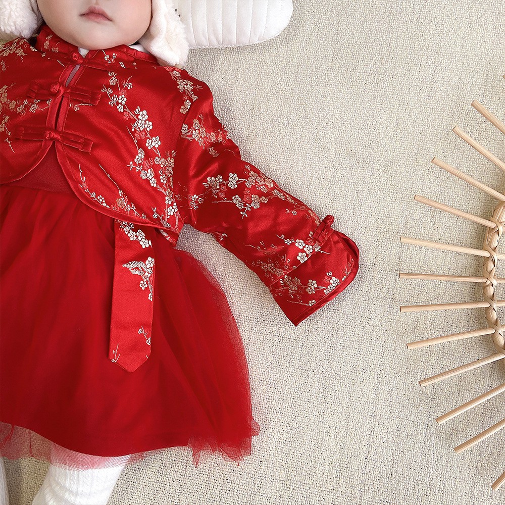 Đầm tết đỏ bé gái kiểu sườn xám thu đông