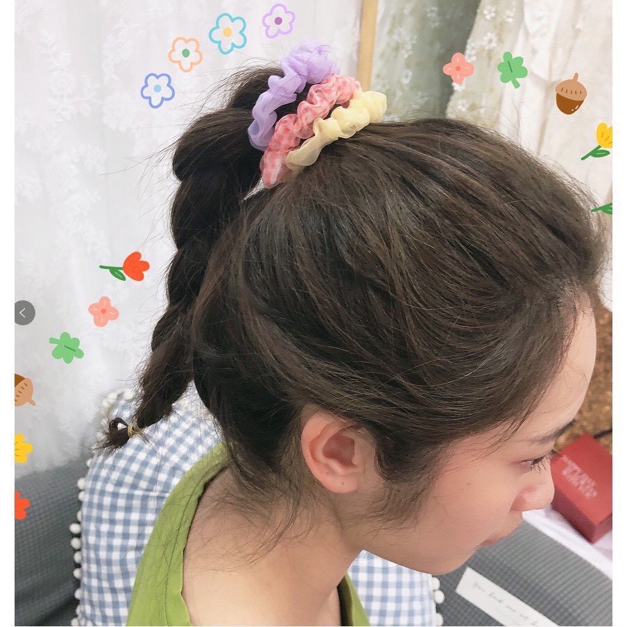 Set 5 dây buộc tóc vải scrunchies kèm túi zip hình hoa cúc