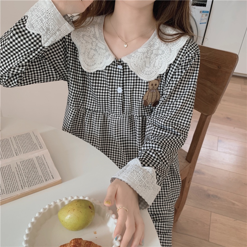 Bộ đồ ngủ pijama dài tay kẻ sọc ren mặc ở nhà mùa thu và mùa đông Hàn Quốc