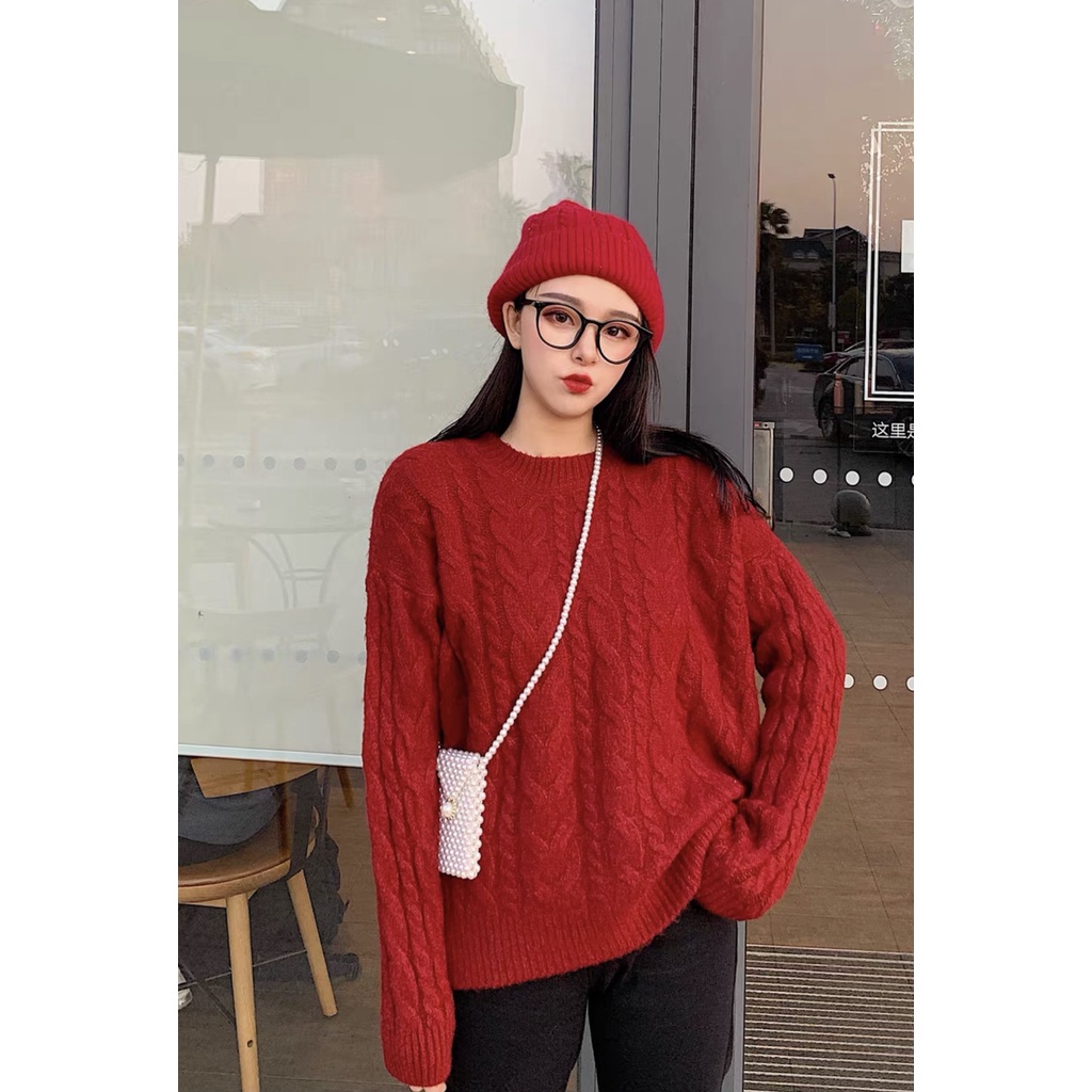Áo len giáng sinh nữ Áo len đỏ noel cổ tròn áo sweater thu đông Hàn Quốc