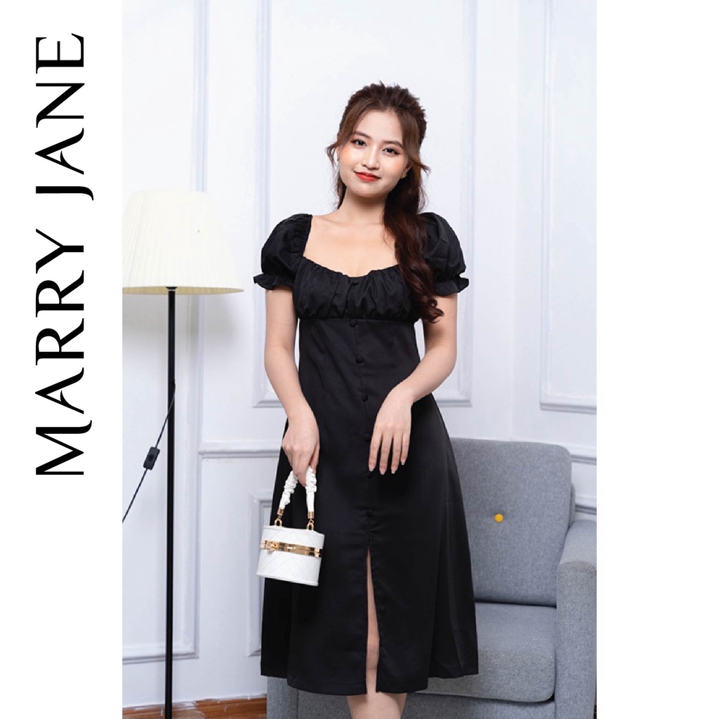 Đầm cổ vuông nhún ngực MARRY JANE V30272 nhấn cúc dọc, thiết kế xẻ tà trước