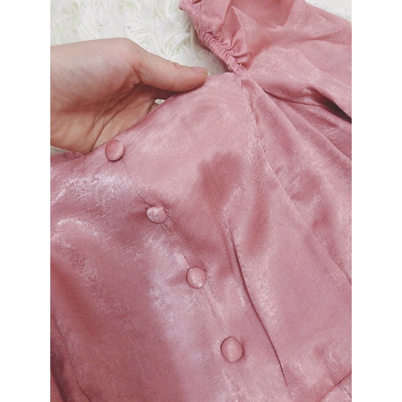 Váy cổ vuông hồng hàng thiết kế cao cấp