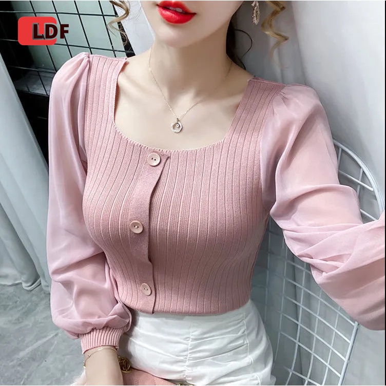 Áo Lưới Cổ Vuông Tay Dài Phồng Phối Màu Tương Phản Thời Trang Cho Nữ