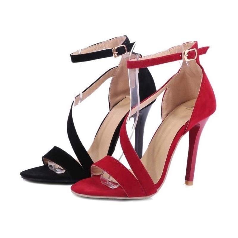 Giày sandal cao gót kiểu dáng quai chéo mũi tròn chất liệu da lộn 2 màu linkshoesTT36