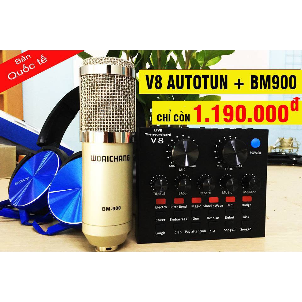 {giảm sốc} Combo trọn bộ mic thu âm V8 +Mic BM900,chân kẹp,màng lọc,dây live (Tặng kèm tai nghe cao cấp )